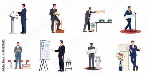 Set of professional businessmen in formal suits presenting, receiving, and signing bank checks in various ceremonial, business award, and donation settings.