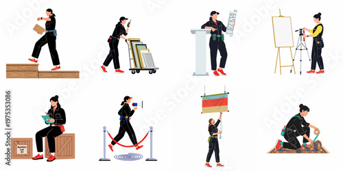 Professional female event and art gallery staff members performing various logistics, setup, and coordination tasks for auctions and exhibitions.