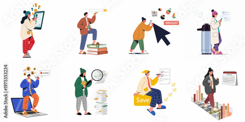 Set of diverse people in pajamas working on finance, data analysis, and business tasks remotely from home.