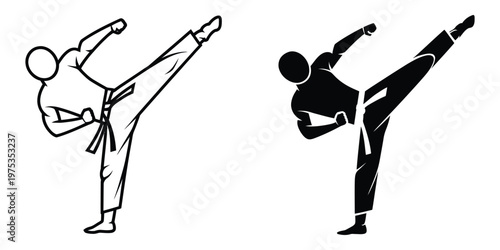 Taekwondo icons symbol, logo illustration, martial arts silhouettes with dynamic kicking and sparring poses