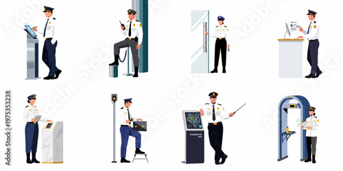 Flat illustration set of professional security guards in uniform performing various safety and surveillance duties in commercial and public settings.