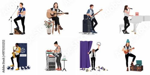 Collection of diverse musicians and singers performing with various instruments in a flat vector illustration style, featuring guitarists, a pianist, and more.