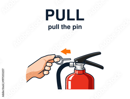 Fire extinguisher PASS method training, hand pulling safety pin, instructional vector illustration