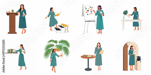 Vector illustration set of a professional woman in various scenarios depicting education, career growth, graduation, and business success on white background.