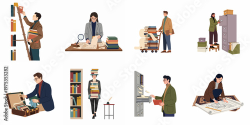 A diverse set of illustrations featuring professional archivists and researchers managing books, documents, and historical records in a library or archive.