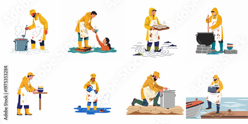 A collection of illustrations depicting volunteers in yellow raincoats providing food and humanitarian aid to people during a flood disaster relief effort.