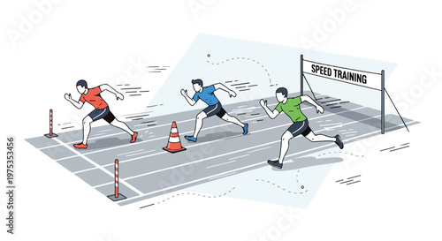 Three male figures sprinting on a track, heading to the finish line