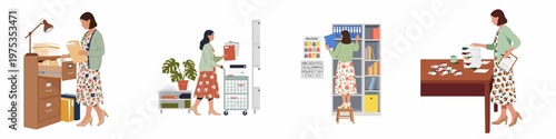 Flat vector illustration set of a female administrative worker managing records, filing folders, and organizing documents in a registrar's office.