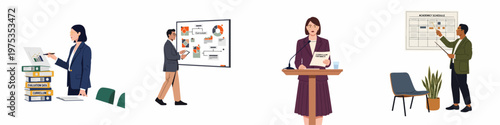 Flat illustration set of professional educators and administrators reviewing curriculum, data, and academic schedules in various professional settings.