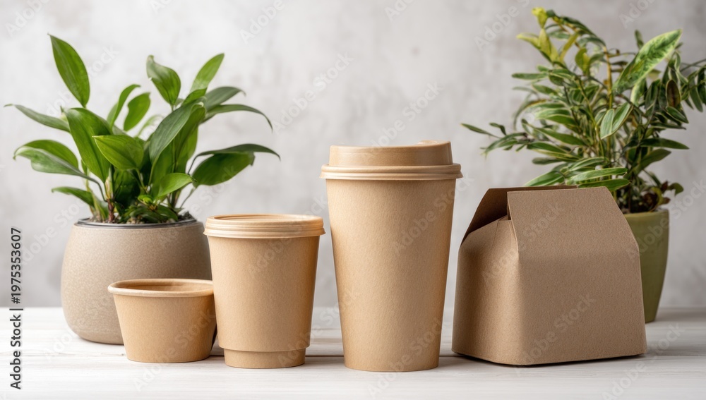 Fototapeta premium A collection of eco-friendly paper containers alongside green plants, showcasing sustainable packaging and a natural aesthetic.