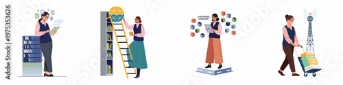 Set of illustrations featuring a woman managing digital data and physical archives, showcasing modern information management and library science concepts.