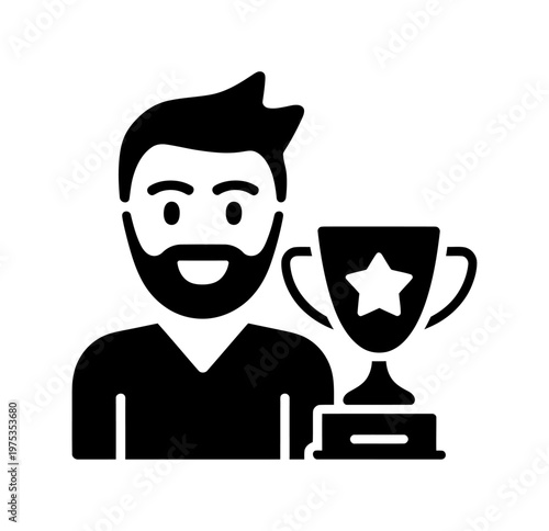 Vector of a smiling bearded man standing beside a trophy with a star