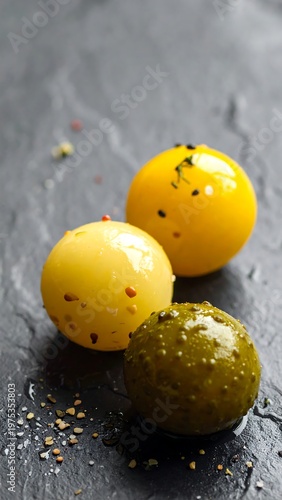 Three pickled vegetables on black slate surface