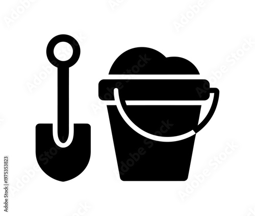 Vector of a shovel and a bucket filled with sand.