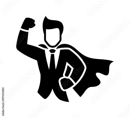 Vector of a businessman in a suit and tie wearing a superhero cape and flexing his muscles