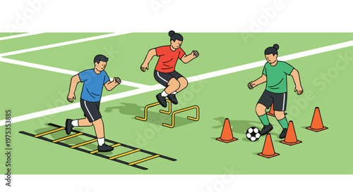 Three people exercising on a green field. One runs and two practice skills