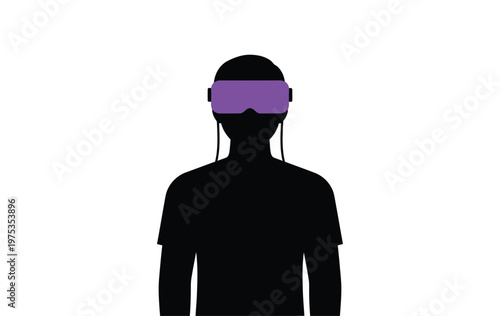 Virtual reality gamer, purple headset, black silhouette, VR player icon, gaming character