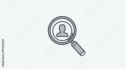 Magnifying glass focused on a grey human silhouette icon represent searching for people, recruitment, or deep investigation.