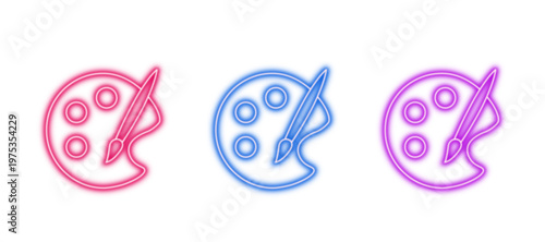 Neon glowing art palette vector icons set, paint, brush, colors, artistic, creative, design, vivid, vibrant, digital illustration on transparent background.