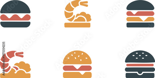Colorful fast food icons of burgers and seafood sandwiches
