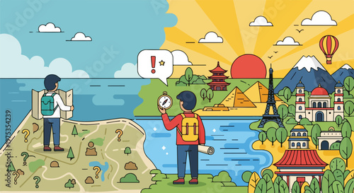 Travel illustration depicting two people exploring destinations, with landmarks and map