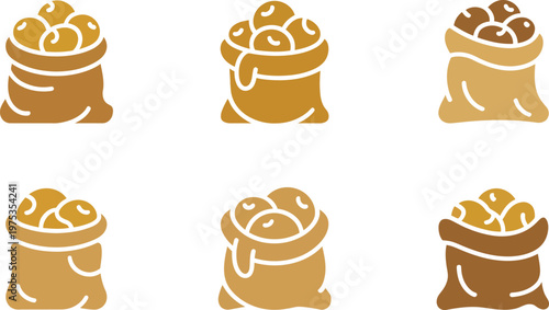 Six brown bags filled with coffee beans in different shades