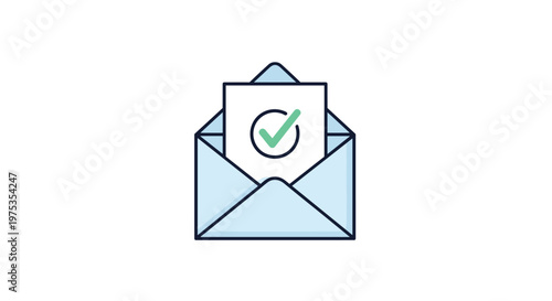 Open blue envelope with a white paper showing a green checkmark represent successful email delivery or a positive message response.
