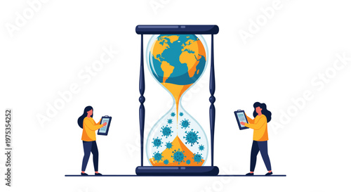 Large hourglass with the earth on top and virus particles on the bottom symbolize time running out for the global pandemic.