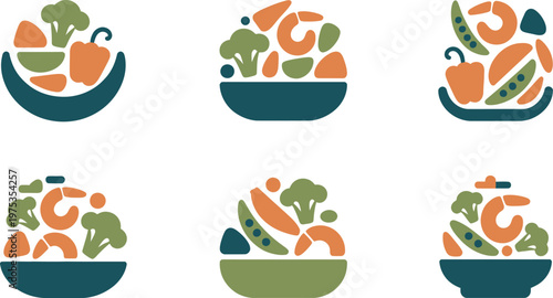 Vegetable bowls with broccoli carrots and peppers icons set