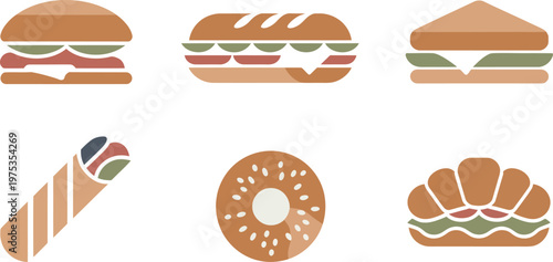 Various types of sandwiches and donuts on white background