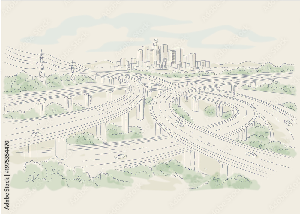 Naklejka premium Minimal Highway Interchange Cityscape Line Art