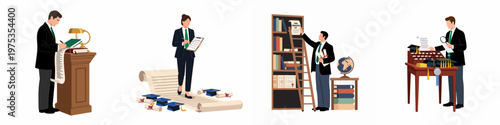 Collection of illustrations featuring academic administrators managing graduation lists, diplomas, and ceremonies in a professional setting.
