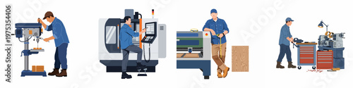 Illustration set of industrial workers operating machinery like drill press, CNC machine, and lathe in a factory or workshop setting.
