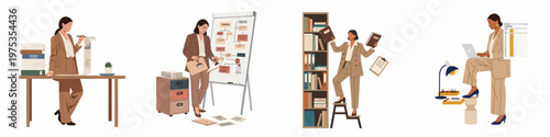 Flat illustration set of professional businesswomen managing research funding, organizing documents, analyzing data, and multitasking in a minimalist office environment.