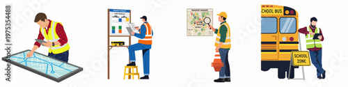 Set of vector illustrations showing transport managers planning school bus routes, managing fleet schedules, and overseeing logistics for student transportation services.