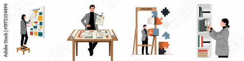 Set of flat illustrations depicting professionals developing educational curriculum, syllabus planning, core standard implementation, and organizing academic resources.