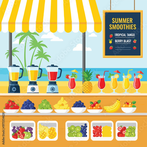 A brightly colored juice stand with beach, blenders, fruit, and smoothies