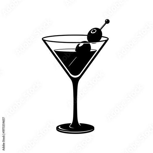Elegant martini glass with olive on a simple background