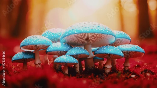 Surrealism Motion of Blue Mushrooms on Red Ground