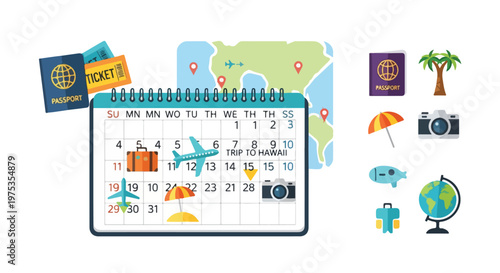 Travel planning image with calendar, passports, tickets, and tropical icons