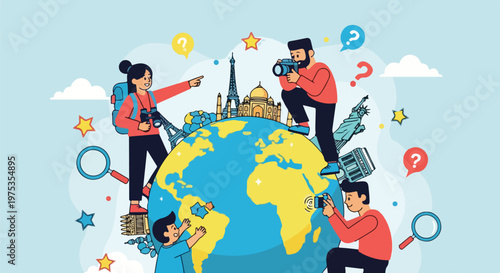 Travelers exploring the world together with landmarks and question marks