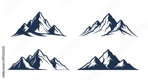 Set of four mountain peak silhouettes in hand-drawn sketch style for outdoor adventure logos, hiking travel, and nature landscape designs.