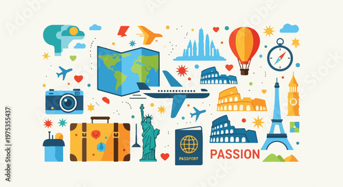 Travel-themed colorful flat illustration with iconic landmarks and items