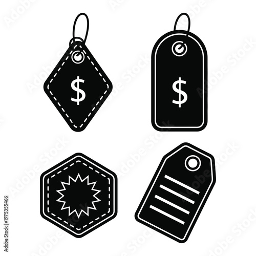 Set of black price tags and labels with dollar sign and starburst icon