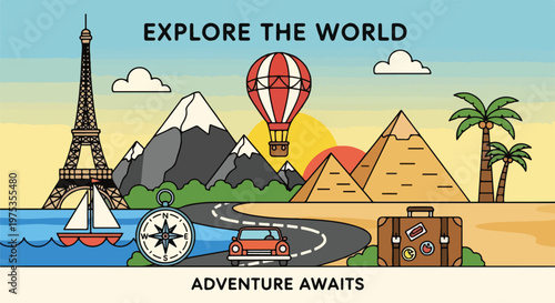 Travel-themed illustration with diverse global landmarks and modes of transport