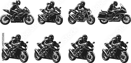 Sport motorcycle rider silhouette illustration set showing racing superbike touring bikes black white vector speed power design collection action motion