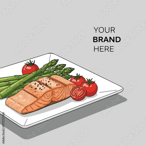 Stylized salmon, asparagus, and tomatoes served on a white plate