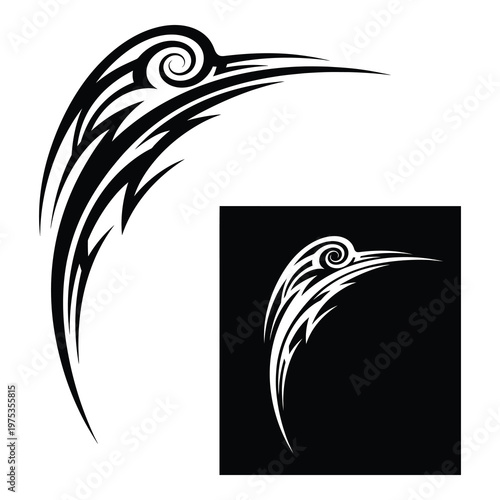 Tribal bird head design with curved beak and spiral  tattoo style icon