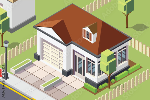 High-quality isometric vector illustration of a contemporary suburban home