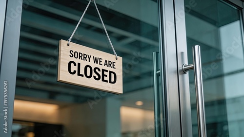 Sorry We Are Closed sign hanging on modern glass door entrance retail shop closed for business empty store interior commercial building entrance business closure concept no